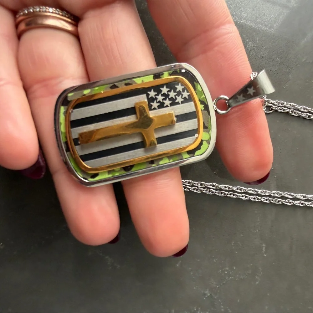 Silver Chain with American Flag Cross Dog Tag Pendant